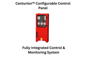 A red and white sign reads Centurion Configurable Control Panel: Fully Integrated Control and Monitoring System